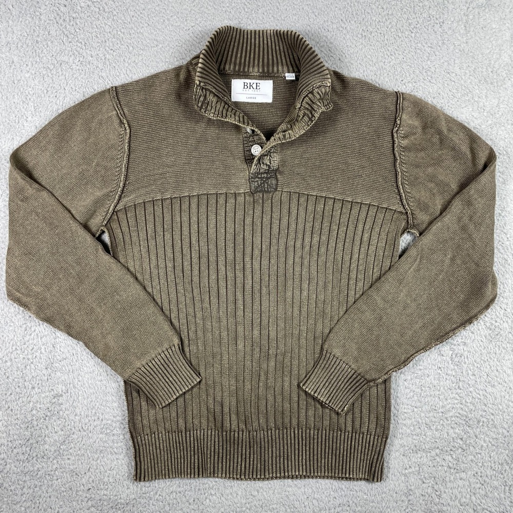 BKE‎ Mock Neck Sweater Mens Large Brown Cotton Quarter Button Ribbed Knit B5100
